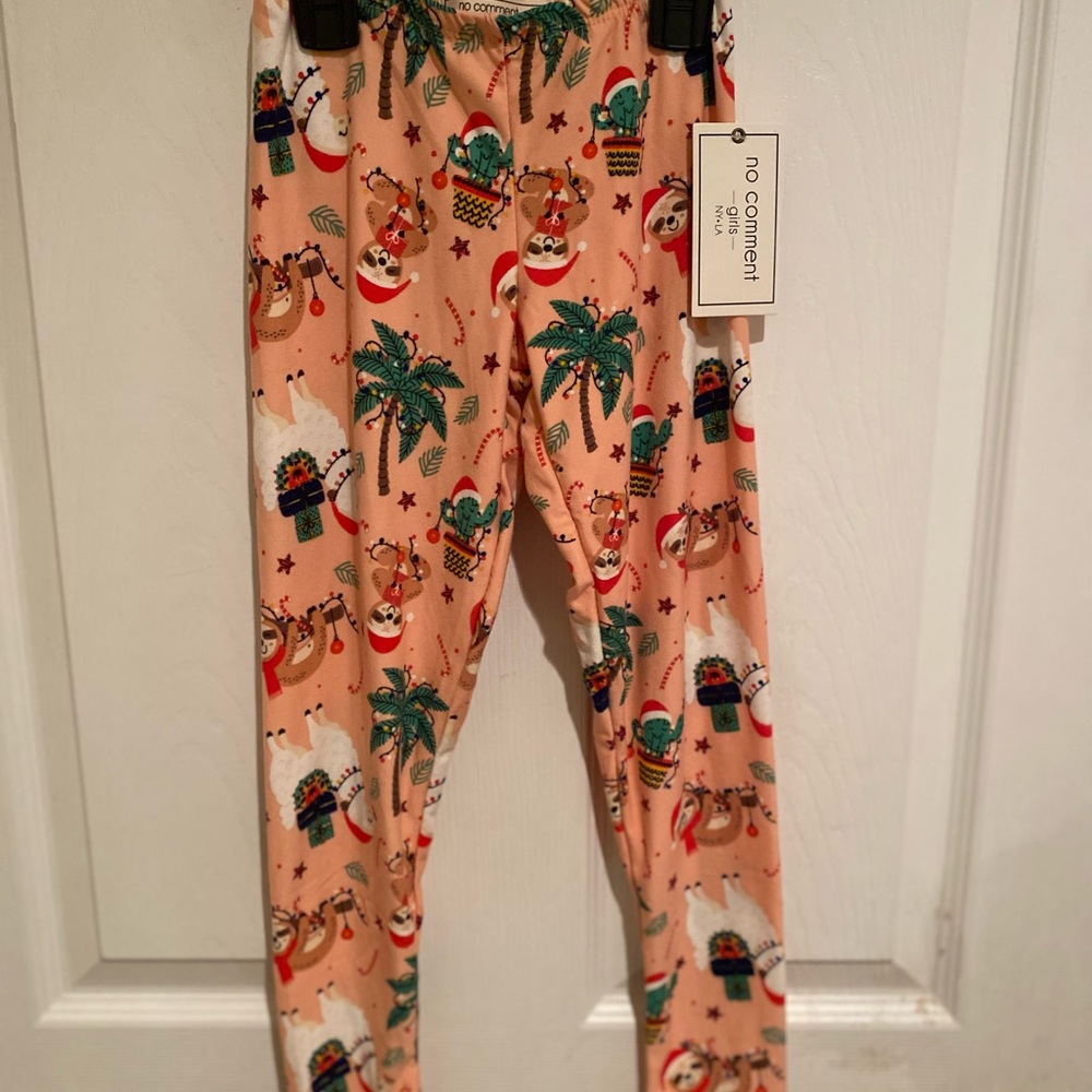 Girls Christmas Leggings Size 5/6, Llamas Sloths Palm Trees & Cactus Leggings